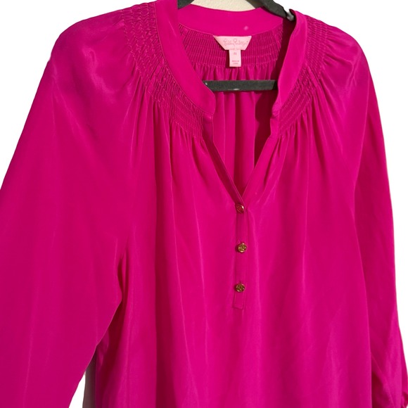 Lilly Pulitzer Silk Blouse Top‎ Long Sleeve Button Down Fuchsia Pink Medium - Picture 3 of 5